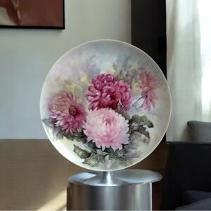 VNTG Souvenir Floral Print Collectors Pink Decorative Plate Signed Ceramic Plate
